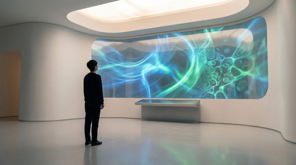 Homme de dos face à un grand écran futuriste incurvé, affichant des motifs abstraits lumineux bleu-vert dans une pièce moderne.