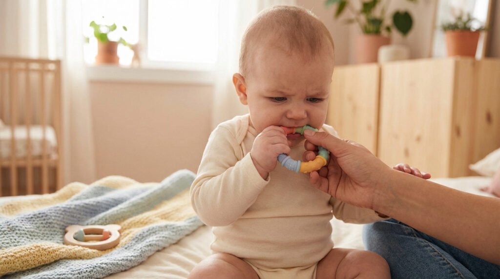 Un bébé assis sur un lit, mâchouillant un anneau de dentition coloré tenu par une main d'adulte. Il semble inconfortable.