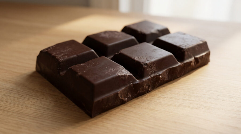 Tablette de chocolat noir, partiellement cassée, posée sur une surface en bois clair. Ses carrés foncés sont visibles.