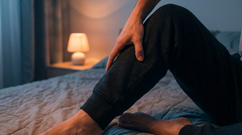 Gros plan sur une personne assise dans son lit, se tenant le mollet avec la main à cause d'une crampe nocturne. Lampe de chevet allumée.