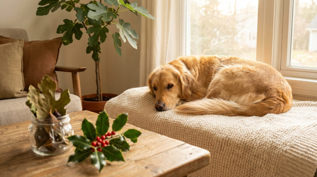 Un golden retriever doré repose sereinement sur une couverture texturée près d'une fenêtre. Des plantes (houx, figuier) décorent la pièce.