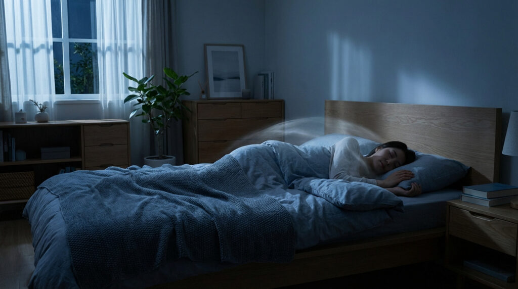 Femme endormie dans un lit la nuit. Lueur subtile autour d'elle, suggérant un rêve ou une sensation onirique.