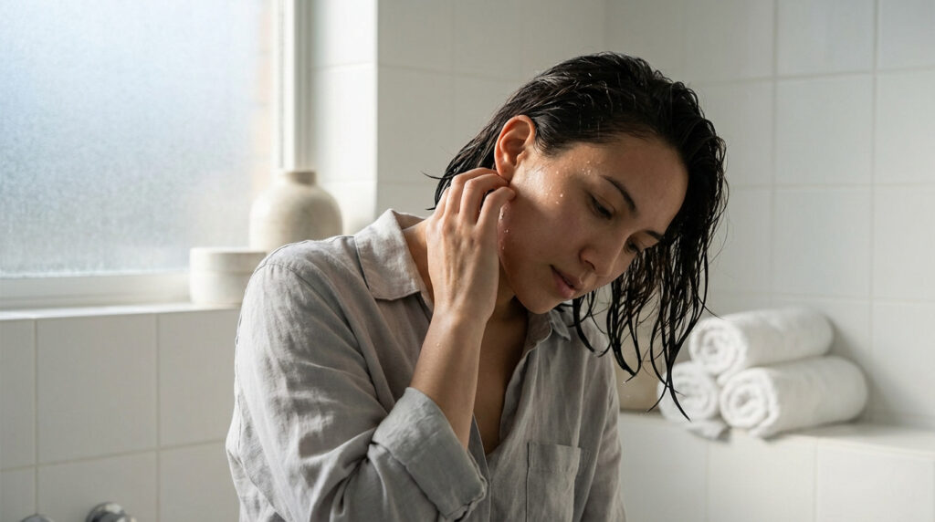 Jeune femme aux cheveux mouillés, des gouttes d'eau sur le visage, touchant son oreille dans une salle de bain moderne et claire.
