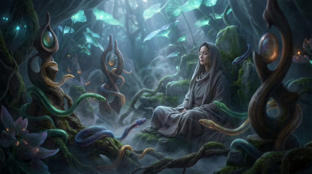 Femme méditant parmi des serpents multicolores dans une forêt onirique avec des plantes lumineuses et des autels mystiques.