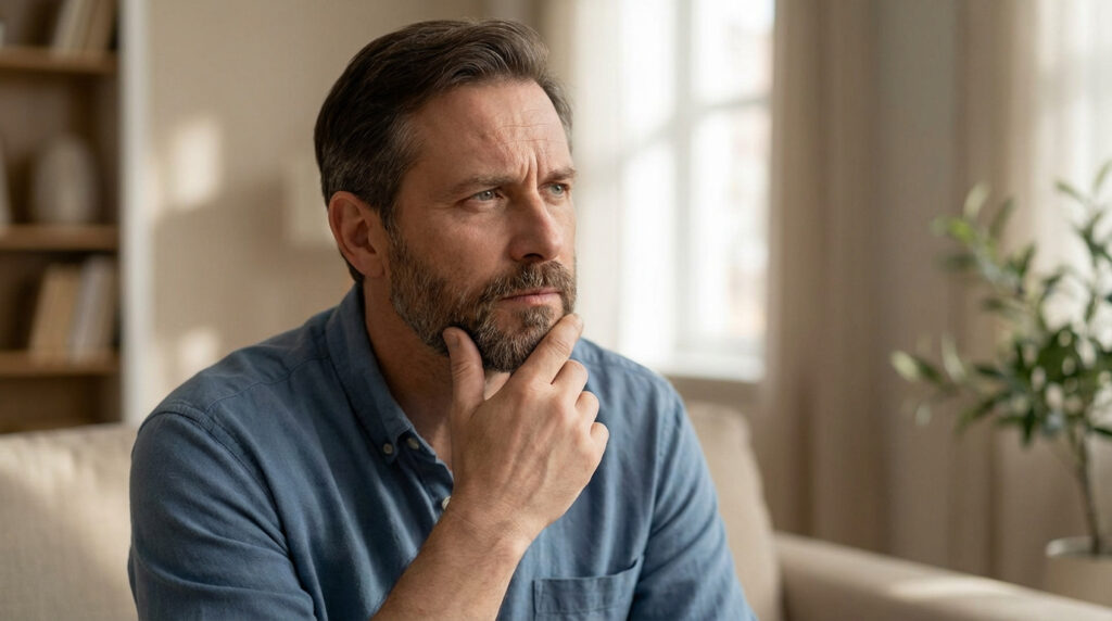 Un homme barbu d'âge moyen, l'air pensif et inquiet, sa main sur le menton. Il réfléchit, seul, dans un salon moderne.