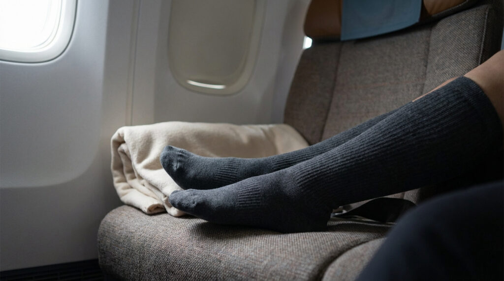 Gros plan sur les jambes d'une personne portant des chaussettes de contention grises, étendues sur un siège d'avion près d'une fenêtre.