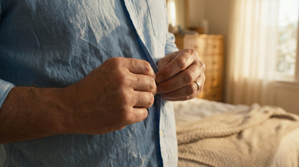 Gros plan sur les mains d'une personne tentant de boutonner une chemise bleue dans une chambre, un défi pour l'apraxie idéatoire.