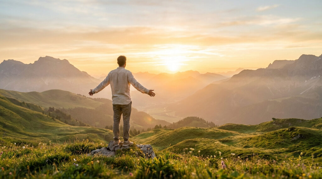 Un homme dos à la caméra, bras ouverts, contemple un magnifique coucher de soleil sur une chaîne de montagnes verdoyantes.