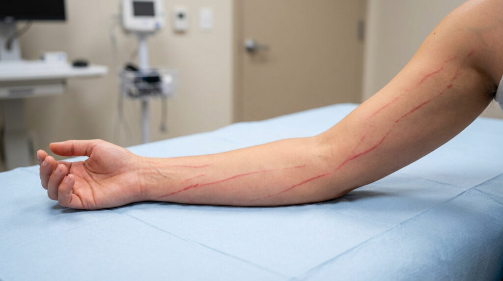 Gros plan sur un bras posé sur une table d'examen, présentant des stries rouges linéaires, caractéristiques d'une lymphangite.