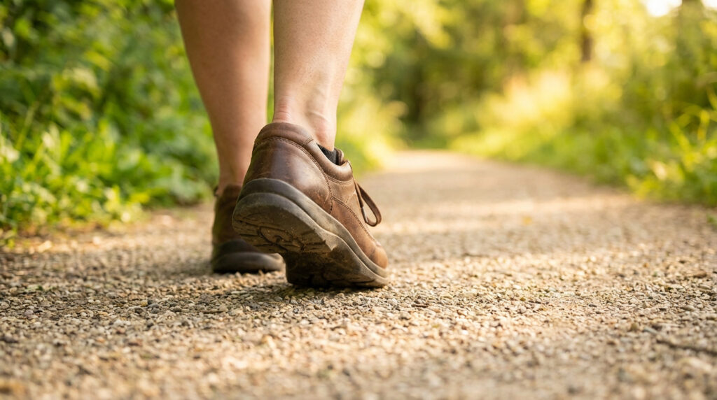 Gros plan sur les pieds d'une personne en chaussures marron, marchant sur un chemin de gravier. Fond de verdure ensoleillée.