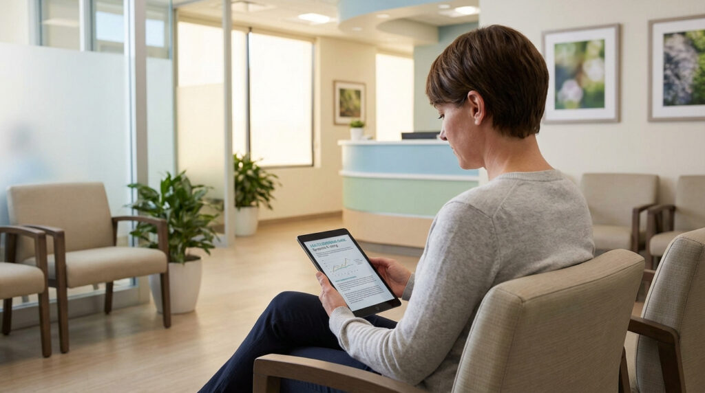Femme dans une salle d'attente médicale, concentrée sur sa tablette affichant des informations de santé.