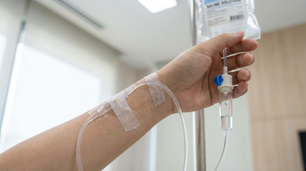 Bras d'un patient recevant une perfusion de solution saline. Un cathéter est inséré, maintenu par du ruban adhésif médical.