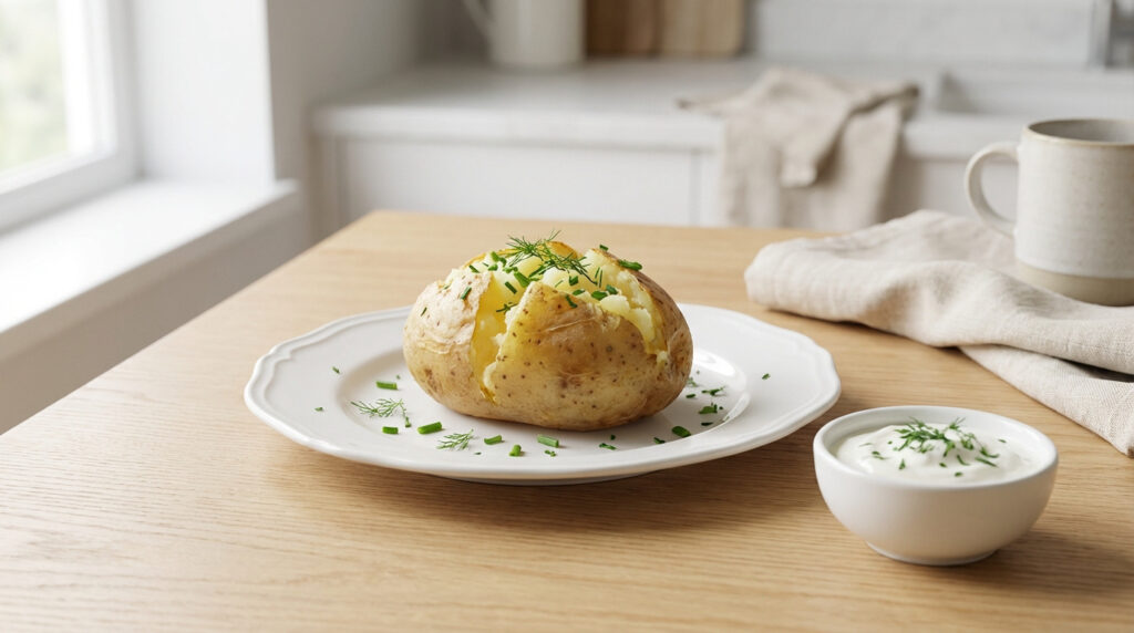 Pomme de terre au four coupée avec herbes sur une assiette blanche, accompagnée d'un bol de sauce au yaourt à l'aneth et ciboulette, sur une table en bois.
