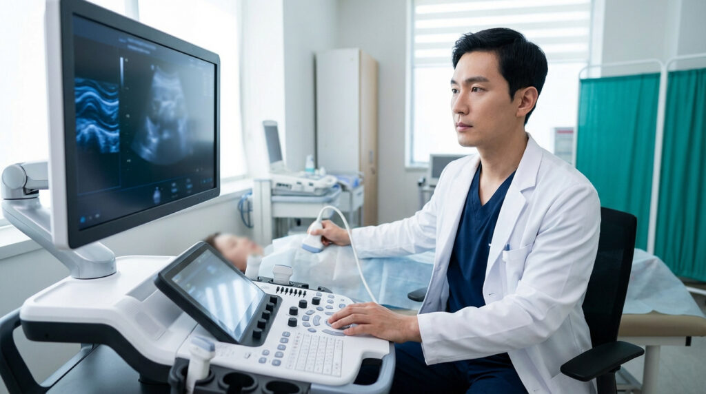 Un médecin homme réalise une échographie mammaire sur une patiente couchée, manipulant la sonde et la console, les images s'affichent sur l'écran.