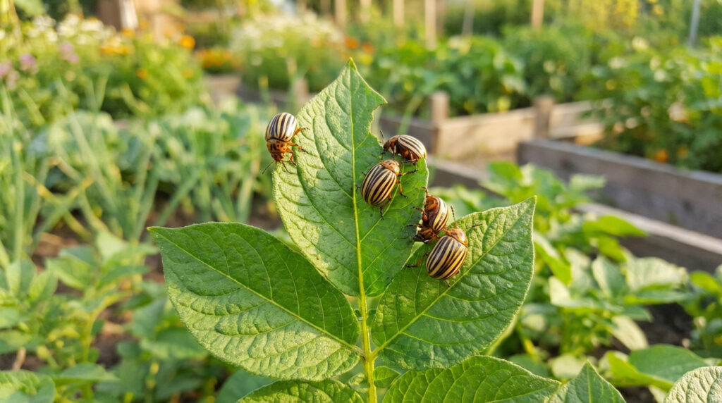 Plusieurs doryphores rayés dévorent une feuille de pomme de terre verte, montrant des dommages. Arrière-plan flou de potager.