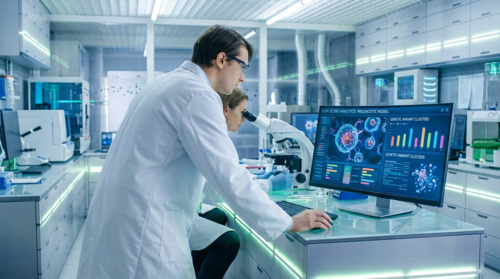 Deux scientifiques dans un labo moderne, l'un au microscope, l'autre à l'ordinateur affichant des données cellulaires et génétiques.