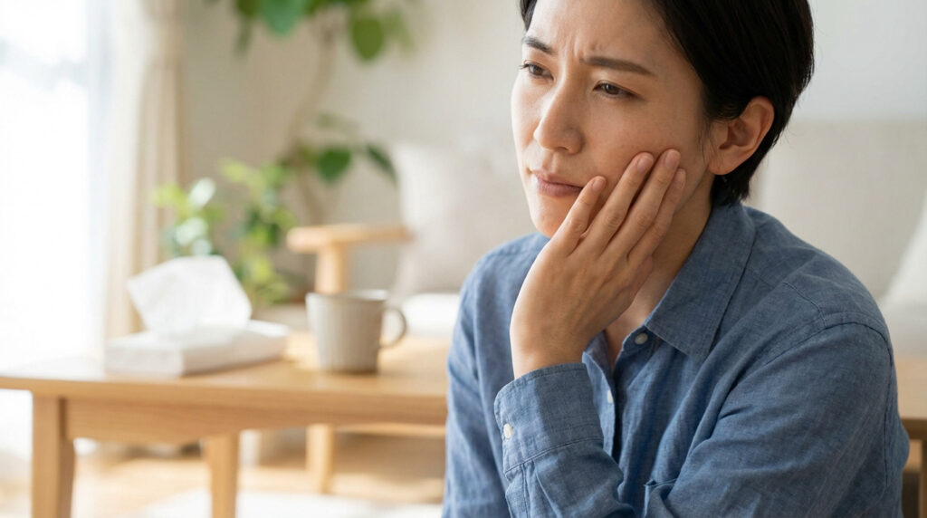 Une femme aux cheveux courts, en chemise bleue, tient sa joue avec une expression de malaise. Boîte de mouchoirs et tasse sur une table.