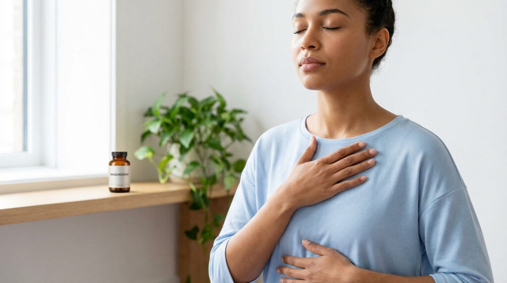 Femme aux yeux fermés, mains sur la poitrine/abdomen, pratiquant la relaxation. Flacon de magnésium sur un rebord.