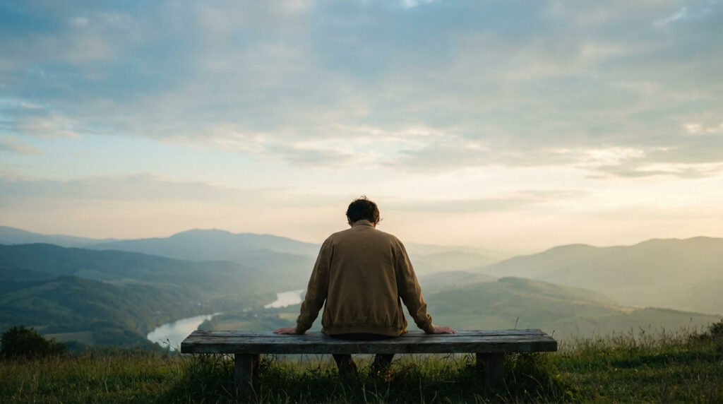 Vue arrière d'un homme assis sur un banc en bois au sommet d'une colline, regardant une vallée luxuriante et une rivière sous un ciel apaisant.