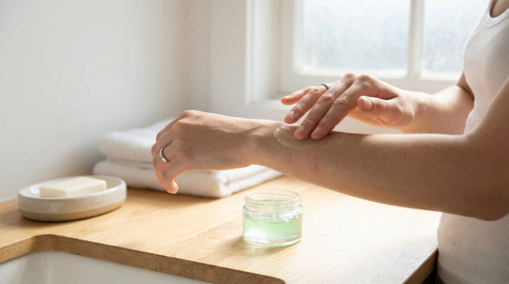 Gros plan sur une personne appliquant un gel vert apaisant sur une zone rouge et irritée de son avant-bras, près d'un pot de gel et d'un savon dans une salle de bain.