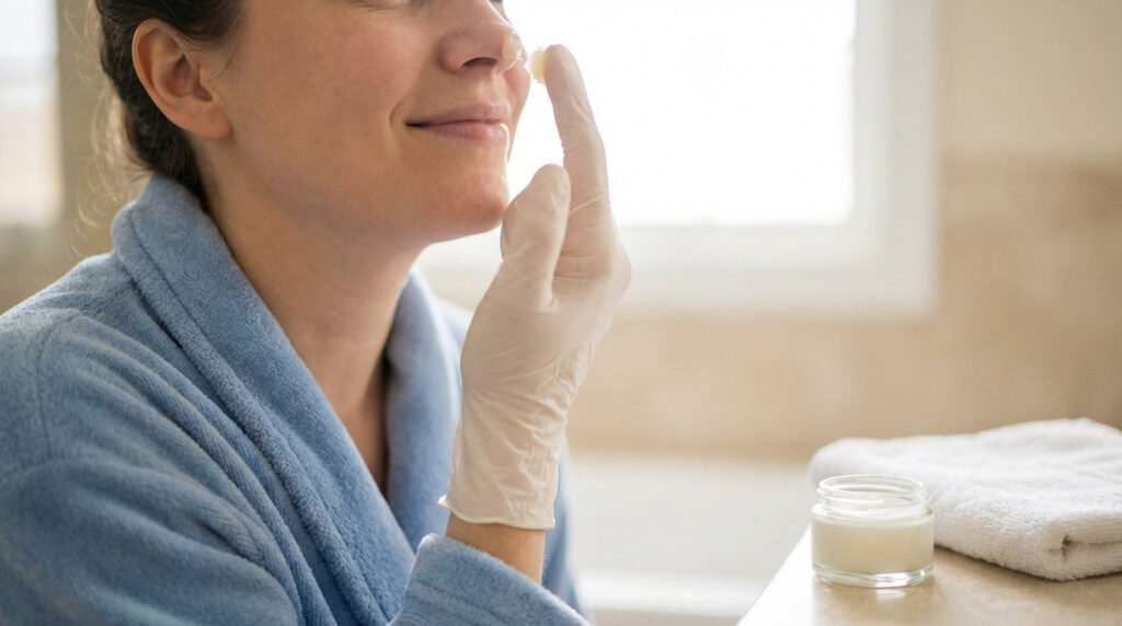 Une femme souriante en peignoir bleu applique une crème sur son nez avec un gant. Un pot de crème et une serviette sont en arrière-plan.