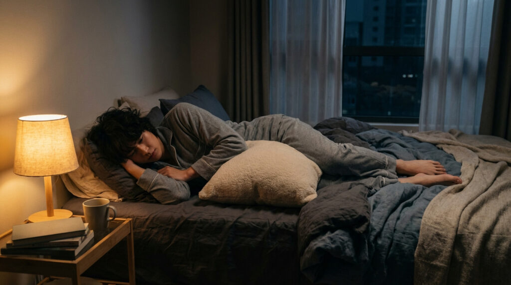 Personne dormant sur le côté avec un oreiller entre les genoux la nuit, suggérant une position pour soulager une sciatique ou des douleurs.