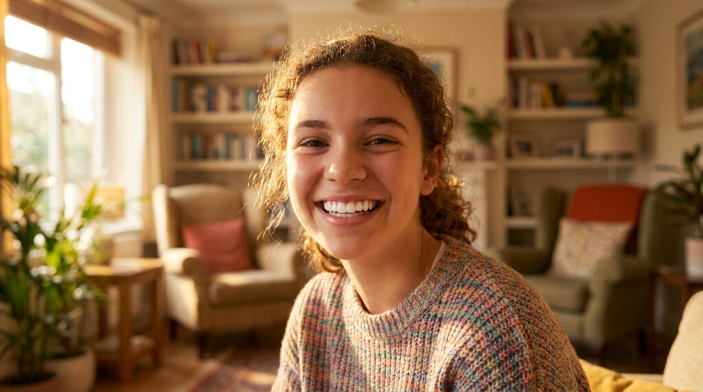 Jeune femme souriante aux cheveux bouclés regardant l'objectif, montrant des dents blanches parfaites. Lumière chaude d'un salon.