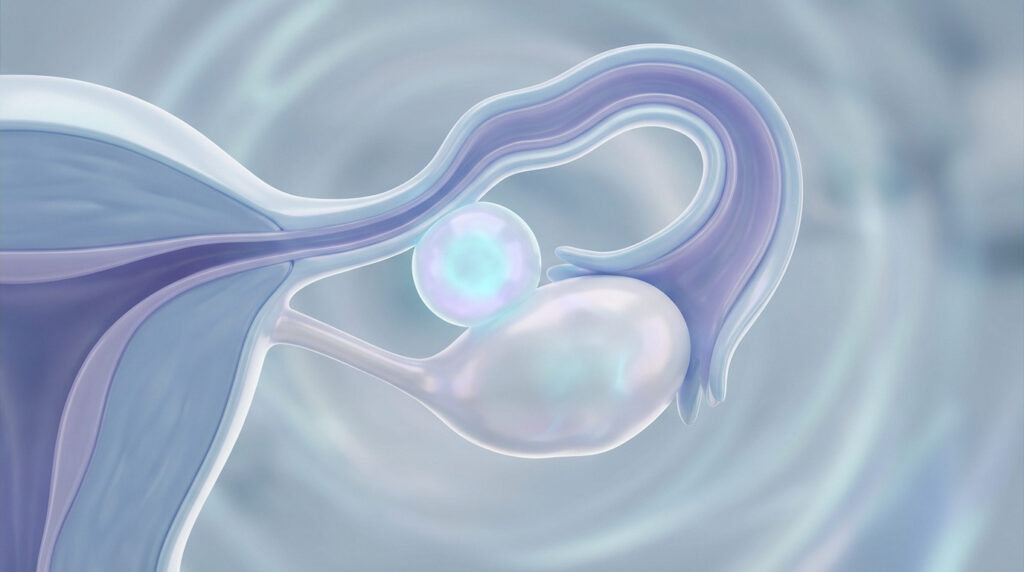 Illustration 3D détaillée des organes reproducteurs féminins avec un kyste sphérique visible près de la trompe de Fallope et de l'ovaire.