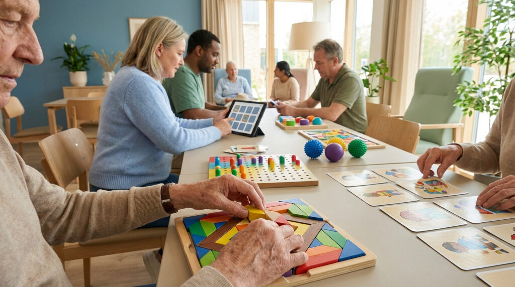 Groupe d'adultes et seniors engagés dans des jeux d'ergothérapie. Mains travaillant sur puzzle, tablette et cartes à table.