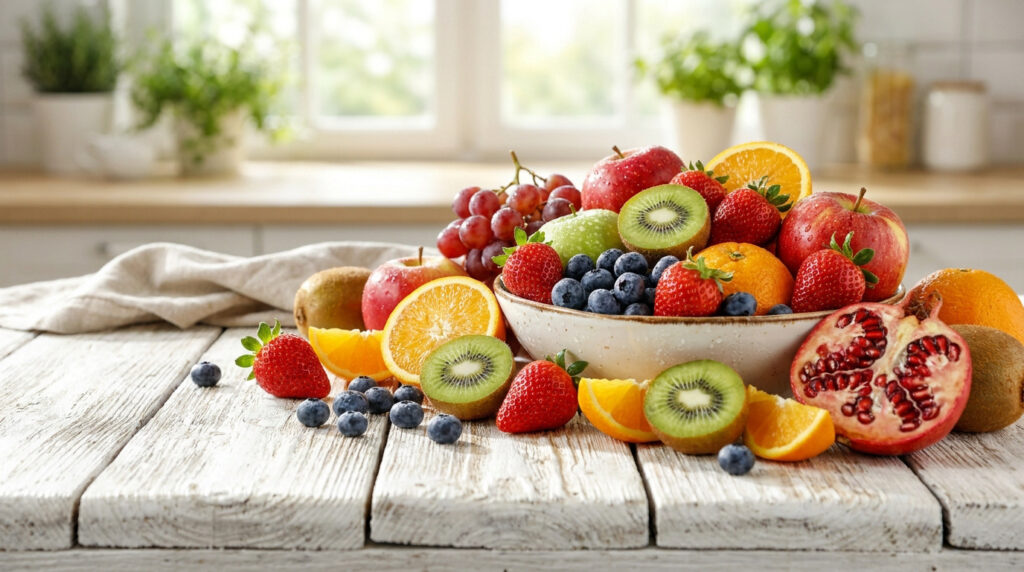 Assortiment coloré de fruits frais (pommes, kiwis, fraises, myrtilles, oranges, grenade) sur une table de cuisine rustique.