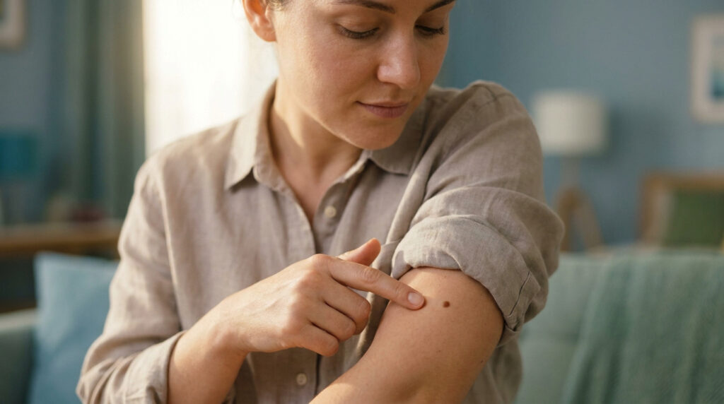 Une femme examine attentivement un grain de beauté sur son bras, le pointant du doigt.