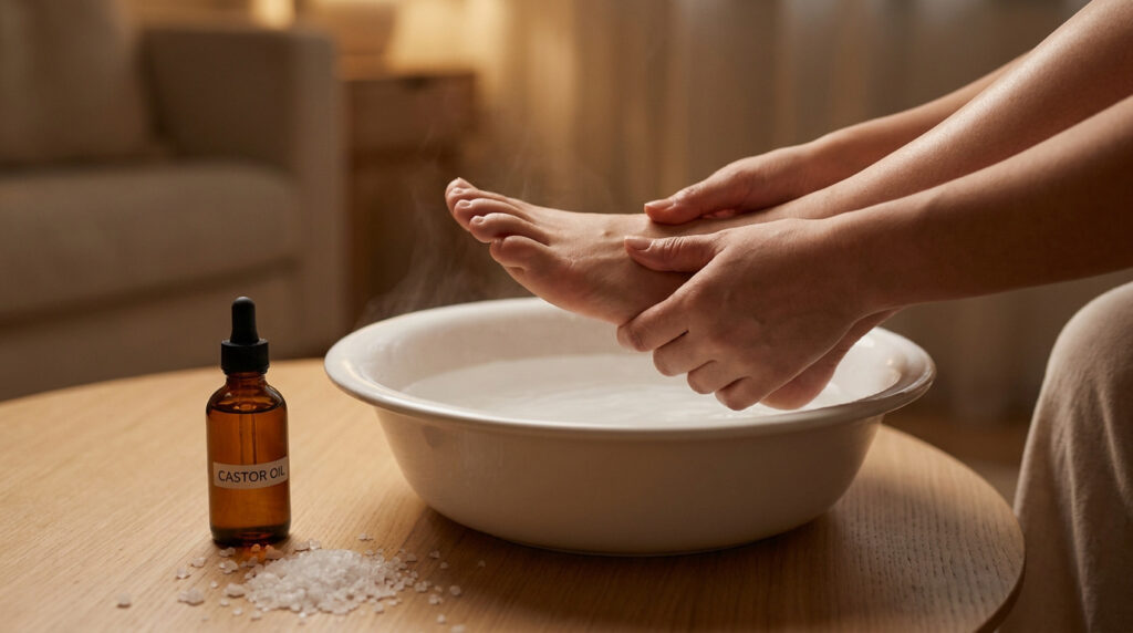 Personne faisant un bain de pieds avec de l'eau chaude fumante. À côté, une bouteille d'huile de ricin et du sel de bain.