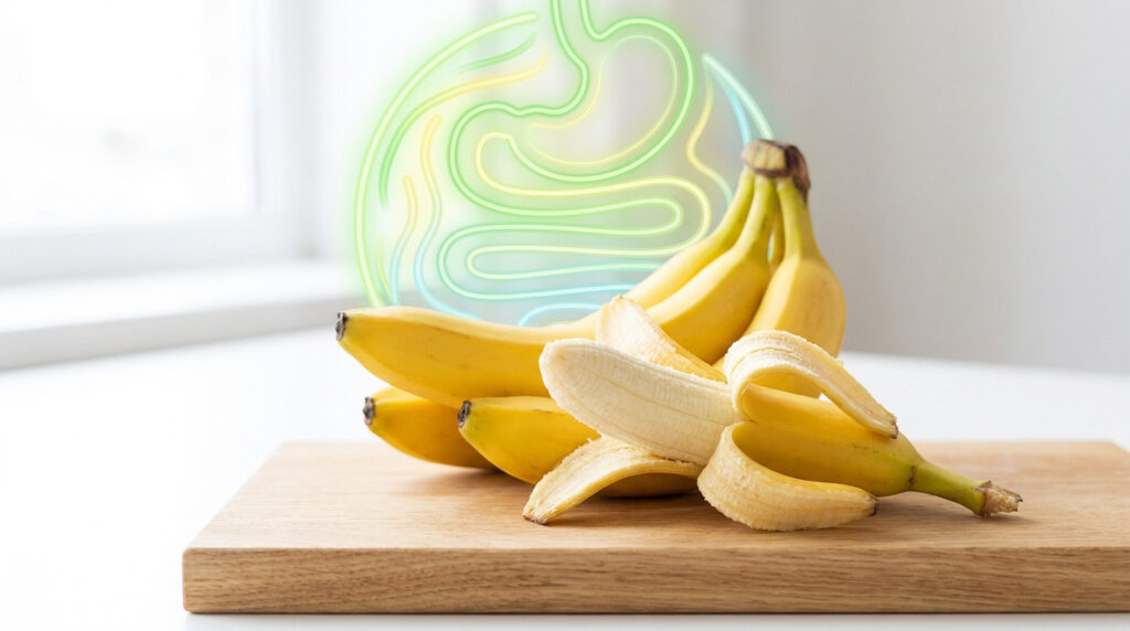 Un régime de bananes et une banane épluchée sur une planche, avec un contour lumineux du système digestif en arrière-plan.