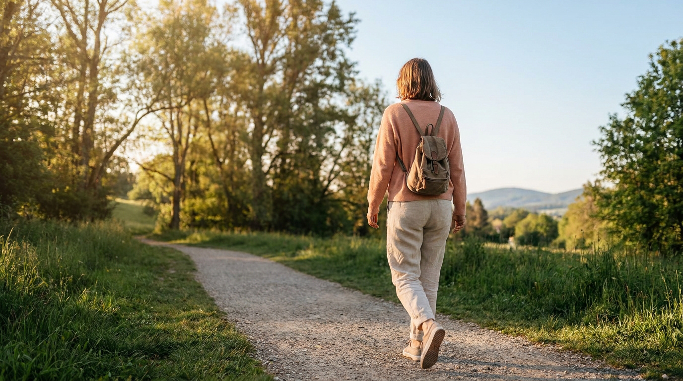Une personne vue de dos marche sur un sentier en terre bordé d'arbres et d'herbe sous une lumière douce. Elle porte un sac à dos.