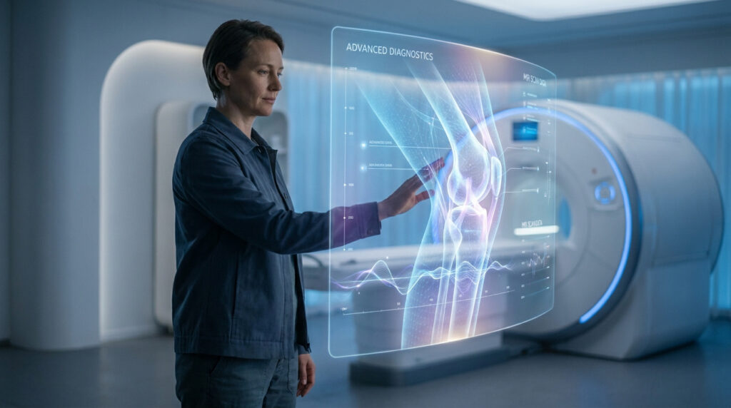 Une professionnelle interagit avec un écran holographique montrant une IRM 3D du genou et des données médicales, avec un scanner IRM en arrière-plan.