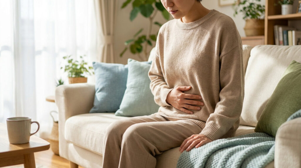 Femme assise sur un canapé, main sur son ventre, souffrant potentiellement de douleur de début de grossesse.