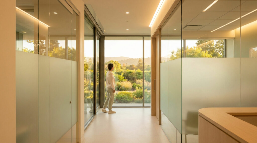 Une personne regarde un paysage verdoyant depuis un couloir moderne aux cloisons de verre, baigné de lumière naturelle.