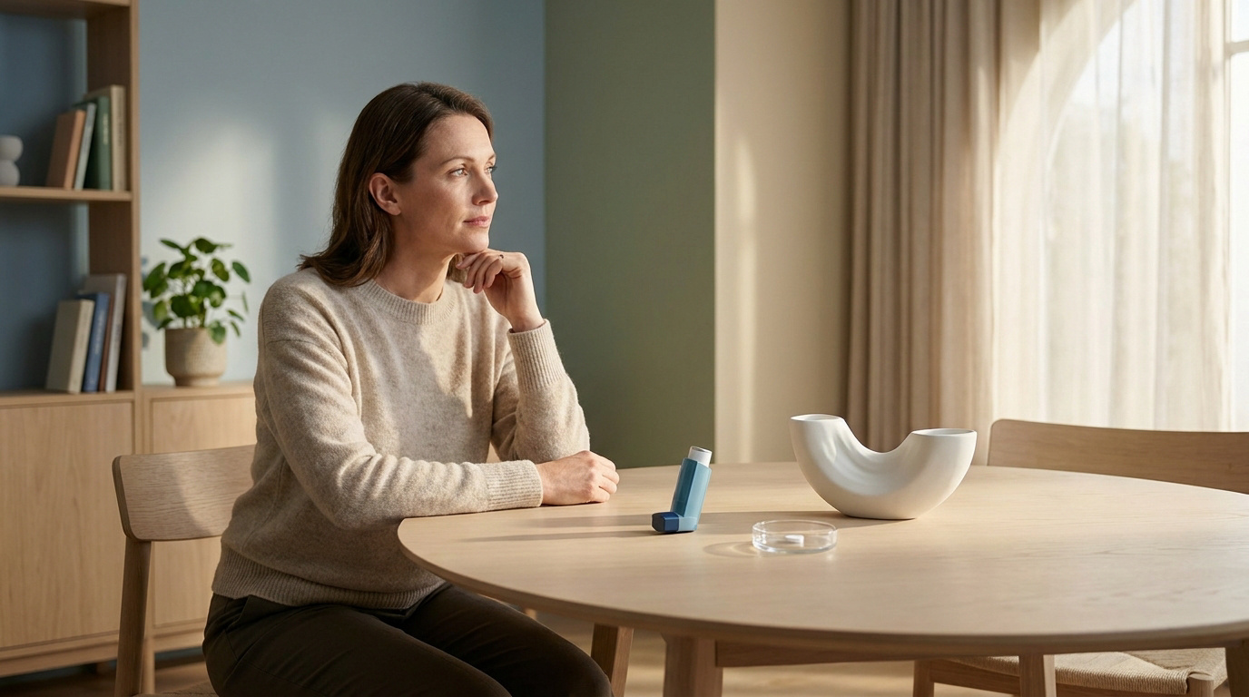 Femme assise, l'air pensif, un inhalateur d'asthme posé sur la table. Intérieur lumineux.