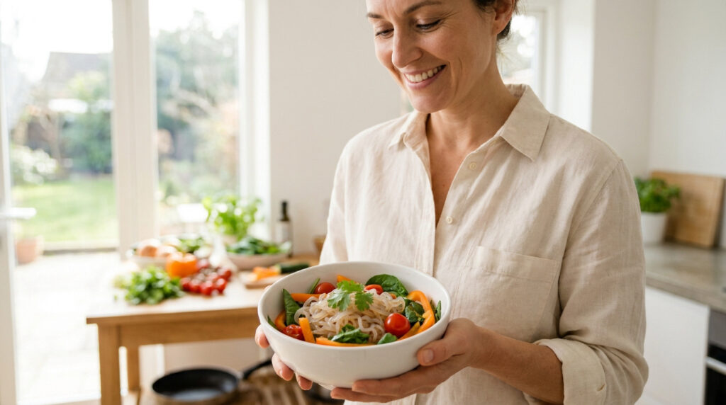 Femme souriante tenant un bol de salade colorée avec des nouilles de konjac, des légumes frais en arrière-plan.