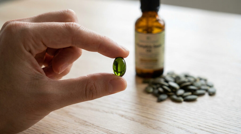 Une main tient une capsule d'huile de courge vert foncé. En arrière-plan flou, un flacon d'huile et des graines de courge.