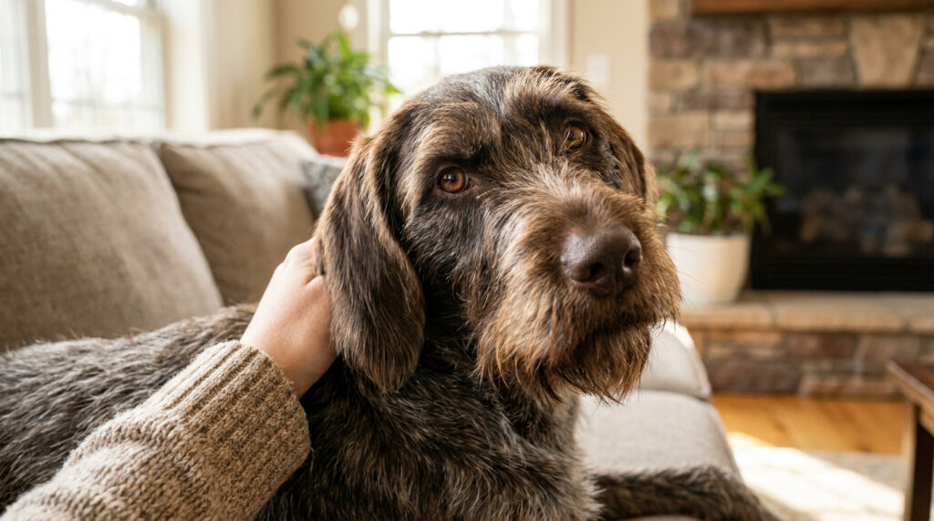 Un Griffon Korthals au poil dur marron et gris, caressé sur un canapé. Son regard doux exprime le calme et le bien-être.