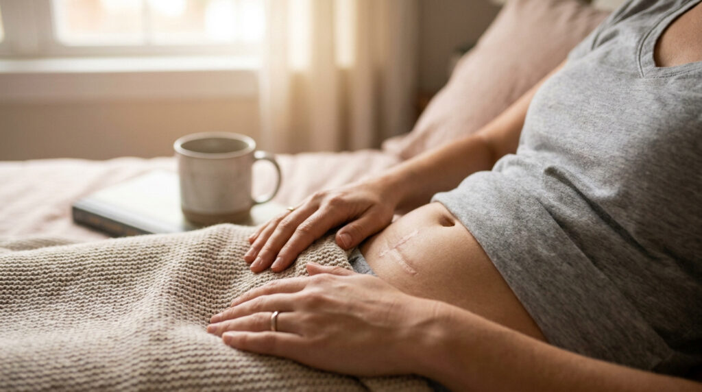 Personne au lit avec une cicatrice de cœlioscopie sur l'abdomen, les mains sur une couverture. Une tasse et une fenêtre en arrière-plan.
