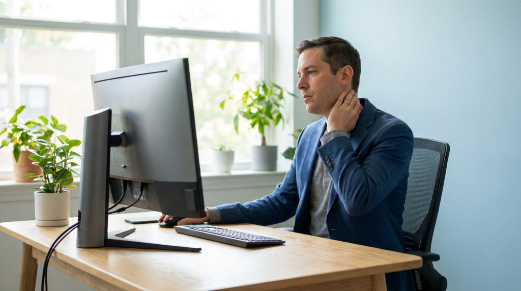 Un homme en veste bleue au bureau, se tenant le cou d'une main, indiquant une douleur en regardant son écran.