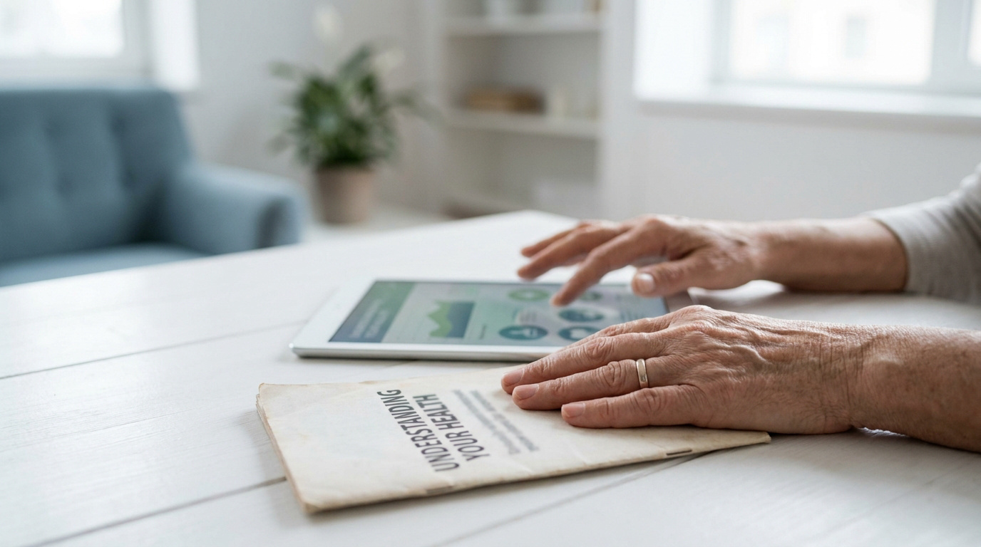 Mains d'une personne âgée naviguant sur une tablette affichant des données de santé, à côté d'un document "Understanding Your Health".