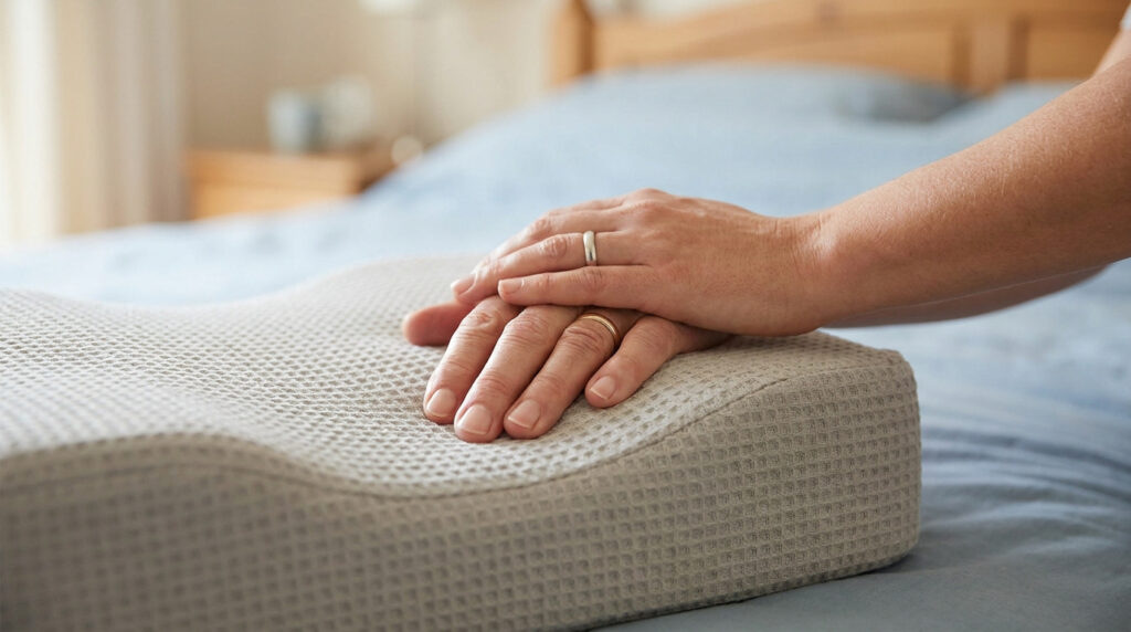 Mains d'une personne portant des bagues reposant doucement sur un oreiller ergonomique texturé, dans une chambre à coucher.