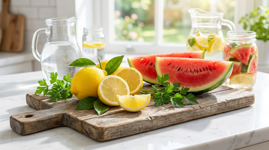 Citrons frais, tranches de pastèque et persil sur une planche, avec carafes d'eau infusée. Nettoyage naturel des reins.