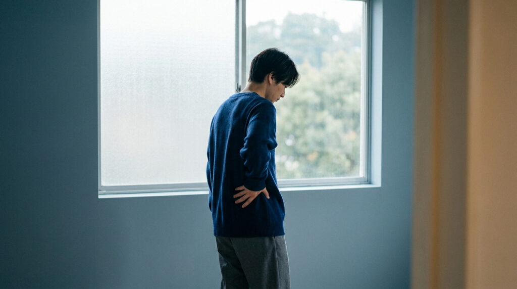 Un homme en pull bleu tient son bas du dos, l'air pensif, regardant par une fenêtre. L'image évoque douleur, stress ou anxiété.