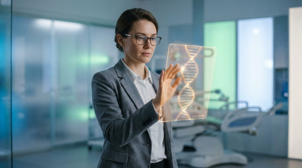 Une chercheuse en lunettes manipule un hologramme d'hélice d'ADN dans un laboratoire moderne pour l'analyse génétique.