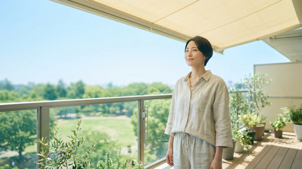 Une femme souriante, les yeux plissés de plaisir, sur un balcon verdoyant avec un ciel bleu. Elle semble profiter d'un moment de soulagement.