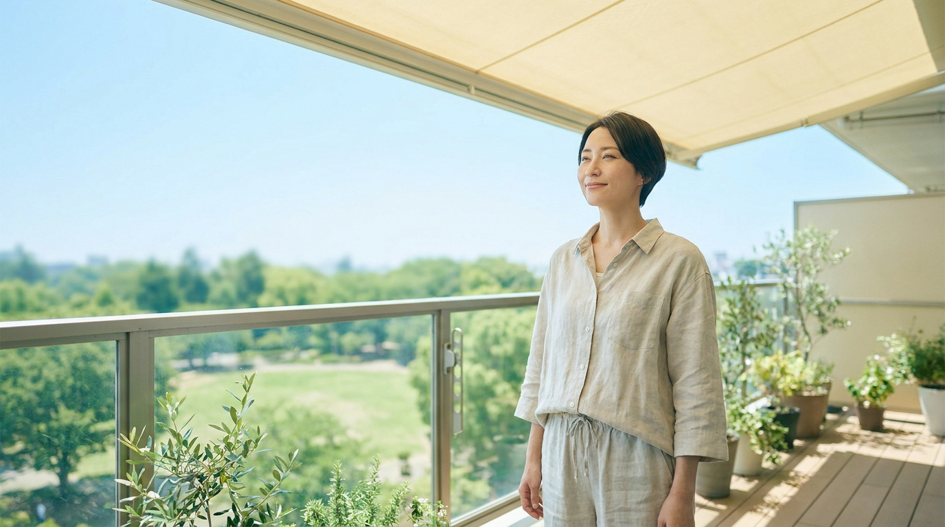 Une femme souriante, les yeux plissés de plaisir, sur un balcon verdoyant avec un ciel bleu. Elle semble profiter d'un moment de soulagement.